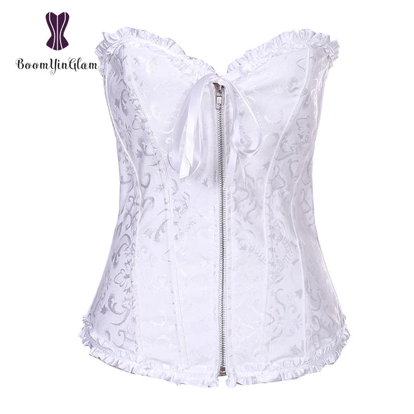 Front Zip Slimming Lace Up Boned Corset With G String